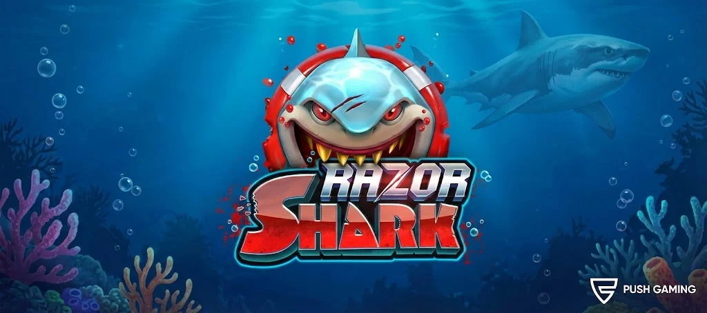 Logo ufficiale Razor Shark di Push Gaming con tema sottomarino
